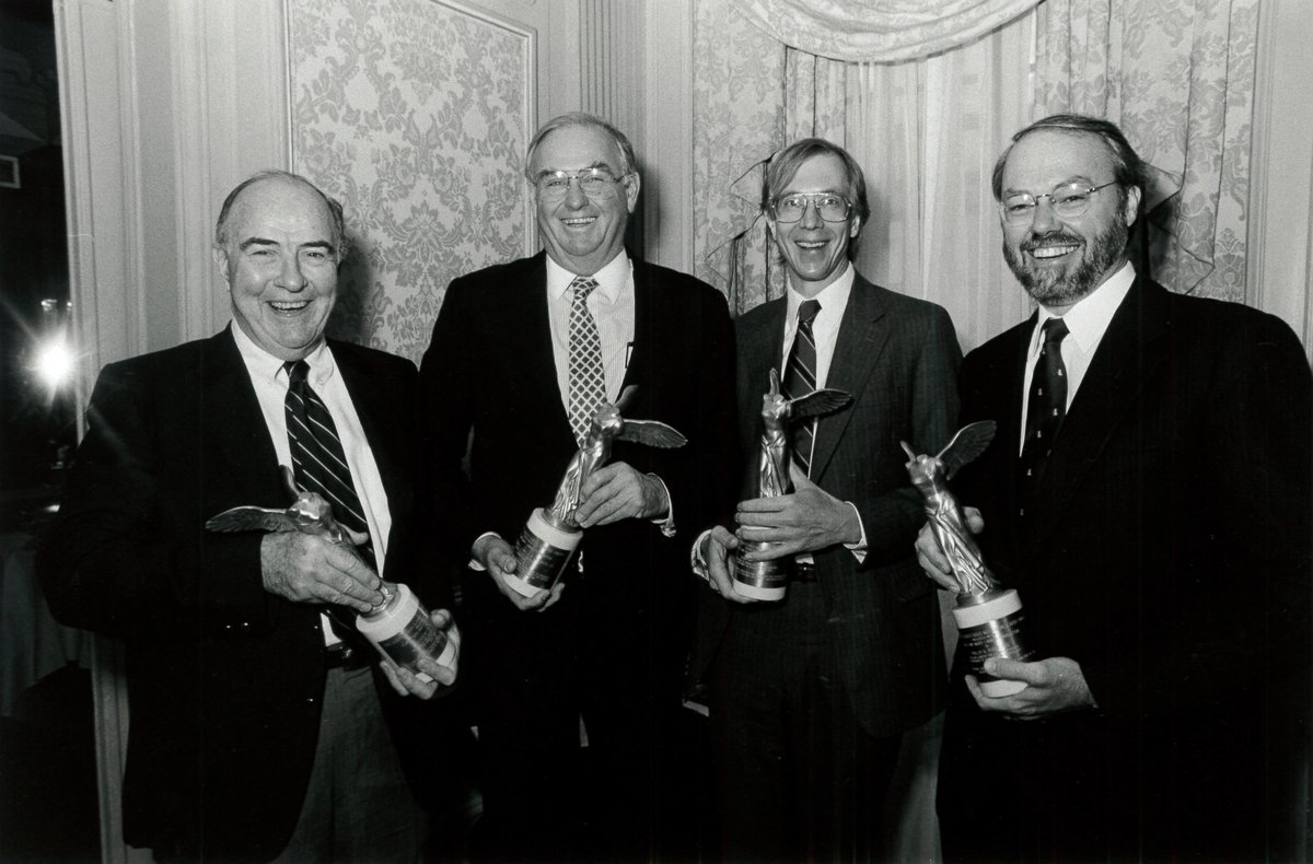 Left to right: Vincent Dole, Lowell Weicker, Jr., Thomas Cech, Phillip A. Sharp