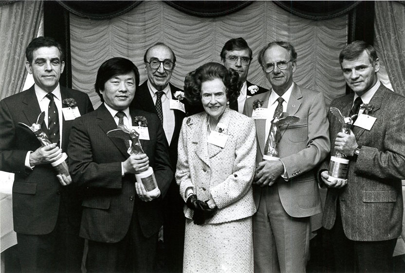 Left to right: Philip Leder, Susumu Tonegawa, Michael DeBakey, Mary Lasker, James Fordyce, Mogens Schou, Leroy Hood