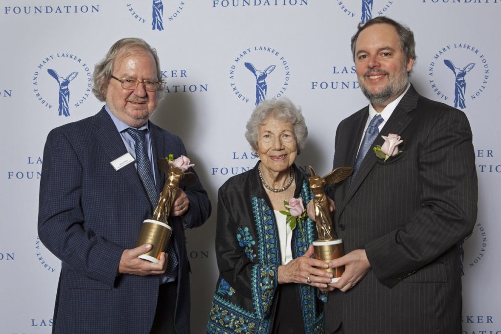 Allison (left) with fellow awardees Evelyn Witkin and Stephen Elledge 