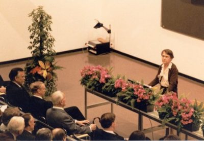McClintock gives a speech at the Nobel Conference