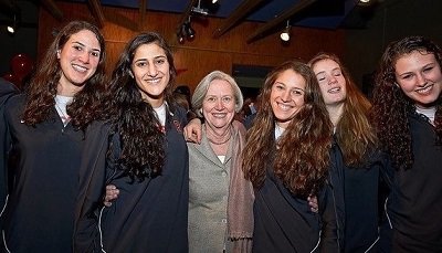 Tilghman with members of the Princeton University women’s basketball team