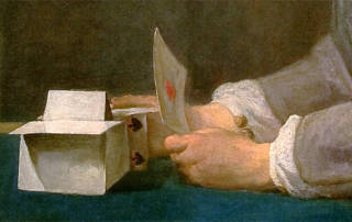Painting of someone building a house of cards